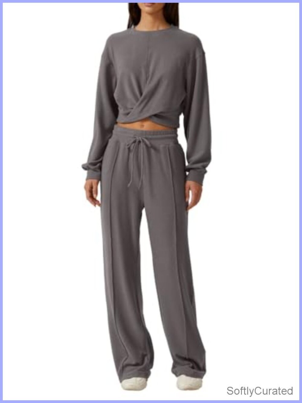 2 Piece Outfits Sweatsuit Set Twist Front Cropped Sweatshirt Wide Leg Sweatpant